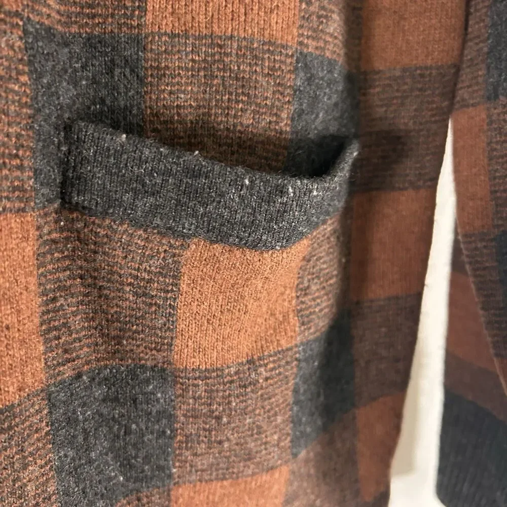 J. Crew Merino Wool Blend Cardigan Men's Large Brown Plaid Button Up Pockets